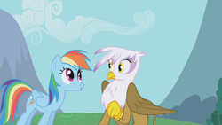 Size: 1280x720 | Tagged: safe, derpibooru import, screencap, gilda, rainbow dash, griffon, pegasus, pony, griffon the brush off, duo, female, looking at each other, mare