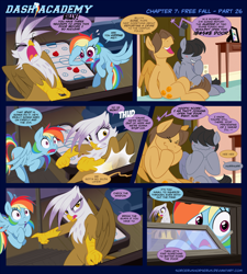 Size: 1164x1291 | Tagged: safe, artist:sorcerushorserus, derpibooru import, gilda, hoops, quarterback, rainbow dash, griffon, pegasus, pony, comic:dash academy, air hockey, basement, comic, female, male, mare, photo, sofa, stallion