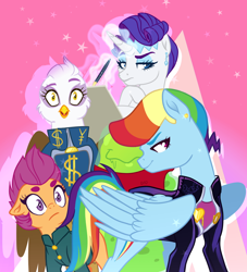 Size: 1020x1124 | Tagged: safe, artist:whalepornoz, derpibooru import, gilda, rainbow dash, rarity, scootaloo, smooze, griffon, pegasus, pony, unicorn, $, alternate hairstyle, clothes, crossover, diamond is unbreakable, ear piercing, earring, frown, glowing horn, headband, jewelry, jojo's bizarre adventure, josuke higashikata, koichi hirose, looking at you, magic, okuyasu nijimura, piercing, pompadour, rohan kishibe, telekinesis, ¥