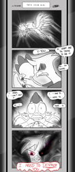 Size: 1451x3300 | Tagged: safe, artist:loreto-arts, derpibooru import, gilda, spike, dragon, griffon, comic:friendship is innuendo, comic:friendship is innuendo vol. 2, black sclera, choking, comic, flying, monochrome