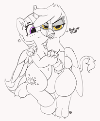 Size: 3822x4641 | Tagged: safe, artist:pabbley, derpibooru import, gilda, twilight sparkle, twilight sparkle (alicorn), alicorn, griffon, pony, crack shipping, cute, dialogue, female, gildadorable, lesbian, meme, partial color, shipping, twiabetes, twilda, waifu thief