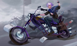 Size: 1023x610 | Tagged: dead source, safe, artist:sunset tide, derpibooru import, gilda, human, badass, biker, boots, breasts, chopper, clothes, fingerless gloves, gloves, humanized, looking back, motorcycle, pants, raised fist, shoes, smiling, solo focus