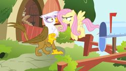 Size: 1191x671 | Tagged: safe, artist:elsie1234, derpibooru import, fluttershy, gilda, griffon, pegasus, pony, angry, apology, apology rejected, assertive, assertive fluttershy, duo, female, fluttershy's cottage, flying, gritted teeth, mare