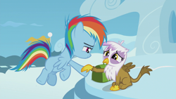 Size: 1920x1080 | Tagged: safe, derpibooru import, screencap, gilda, rainbow dash, griffon, pegasus, pony, the lost treasure of griffonstone, chickub, cute, dashabetes, female, filly, filly rainbow dash, gildadorable, looking at each other, younger