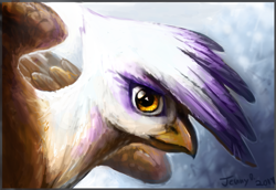 Size: 1611x1106 | Tagged: safe, artist:turnipberry, derpibooru import, gilda, griffon, bust, female, looking at you, portrait, signature, solo, spread wings, wings