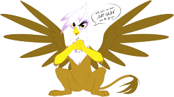 Size: 4037x2246 | Tagged: safe, artist:drake, derpibooru import, gilda, griffon, cracking knuckles, dialogue, female, looking at you, simple background, solo, speech bubble, spread wings, transparent background, wings