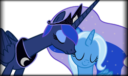 Size: 1024x616 | Tagged: safe, artist:chibinekogirl102, princess luna, trixie, alicorn, pony, alicornified, eyes closed, lunaverse, nuzzling, race swap, smiling, trixiecorn