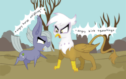 Size: 1661x1045 | Tagged: safe, artist:dragonpone, artist:paskanaakka, derpibooru exclusive, derpibooru import, gilda, limestone pie, earth pony, griffon, pony, angry, animated, birb, bird noises, chest fluff, descriptive noise, duo, ear fluff, eye contact, female, frown, gif, glare, horse noises, looking at each other, mare, neigh, open mouth, pointy ponies, raised hoof, raised leg, sketch, speech bubble, squawk, tongue out, yelling