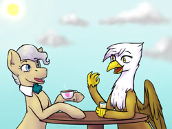 Size: 1280x960 | Tagged: safe, artist:quinty-imara, derpibooru import, gilda, mayor mare, earth pony, griffon, pony, cup, drink, drinking, female, food, friendship, mare, talking, tea, tea time, teacup