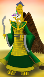 Size: 800x1400 | Tagged: safe, artist:horsesplease, derpibooru import, gilda, anthro, griffon, armor, axe, cloak, clothes, crown, emerald, empress, female, gold, helmet, jewelry, khopesh, obsidian, paint tool sai, queen gilda, rabydosverse, regalia, robes, smiling, smirk, sword, vozonid, weapon, wings