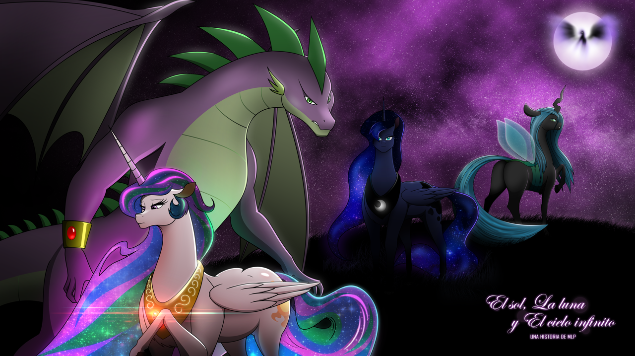 369120 - safe, artist:evoheaven, nightmare moon, princess celestia, princess  luna, queen chrysalis, spike, alicorn, changeling, changeling queen,  dragon, pony, absurd resolution, ass, bugbutt, butt, fanfic, fanfic art,  female, glow, glowing mane, hair,