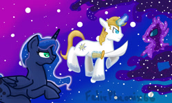 Size: 850x510 | Tagged: safe, artist:felixpheonix66, prince blueblood, princess luna, alicorn, pony, magic, monster, sword, the twilight zone