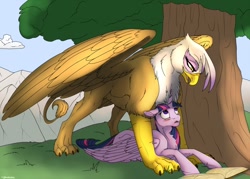 Size: 1280x918 | Tagged: safe, artist:backlash91, derpibooru import, gilda, twilight sparkle, twilight sparkle (alicorn), alicorn, griffon, pony, blushing, book, cloud, duo, duo female, female, floppy ears, fluffy, grass, lesbian, looking at each other, lying down, mare, mountain, muscles, open mouth, reading, rippda, shipping, size difference, sky, spread wings, standing, this will end in snu snu, tree, twilda, wings