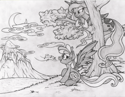 Size: 1000x776 | Tagged: safe, artist:dfectivedvice, princess luna, oc, alicorn, pony, grayscale, monochrome, moon, mountain, night, singing, traditional art, tree