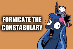 Size: 526x357 | Tagged: safe, idw, princess luna, tiberius, alicorn, pony, spoiler:comicm10, caption, derp, fuck the police, open mouth, vulgar, wide eyes