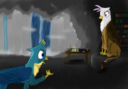 Size: 1300x900 | Tagged: safe, artist:horsesplease, derpibooru import, gallus, gilda, griffon, book, bookshelf, cave, duo, female, gallus the rooster, male, paint tool sai, scroll, smiling, smirk, story included, table, upset, waterfall