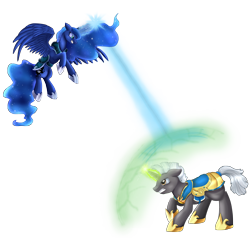 Size: 3629x3509 | Tagged: safe, artist:pridark, princess luna, oc, alicorn, pony, armor, magic, simple background, sparring, transparent background