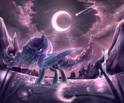 Size: 3000x2500 | Tagged: safe, artist:aquagalaxy, princess luna, alicorn, pony, cloud, crepuscular rays, crescent moon, ear fluff, ethereal mane, galaxy mane, meteor shower, moon, night, scenery, shooting star, sky, solo, starry mane, stars, water, waterfall
