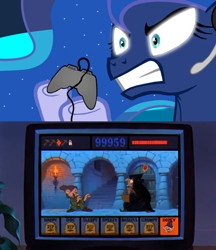 Size: 562x651 | Tagged: safe, artist:miketheelephantbrony, princess luna, alicorn, pony, dopey, exploitable meme, gamer luna, grimhilde, meme, obligatory pony, runaway brain, tv meme, video game