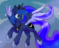 Size: 2550x2100 | Tagged: safe, artist:lustrous-dreams, princess luna, alicorn, pony, cloud, colored wings, colored wingtips, ethereal mane, female, flying, hoof shoes, mare, sky, smiling, solo, spread wings, starry mane, stars, windswept mane, wings