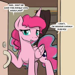 Size: 1000x1000 | Tagged: safe, artist:theparagon, princess luna, alicorn, pony, ask, colored pupils, dialogue, door, ethereal mane, female, hunted luna, mare, partial transformation, pinkluna, princess moonpie, solo, speech bubble, tumblr