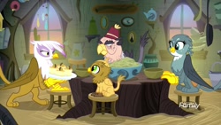 Size: 1920x1080 | Tagged: safe, derpibooru import, screencap, gabby, gilda, grampa gruff, the hearth's warming club, chickub, griffon scone, tree stump