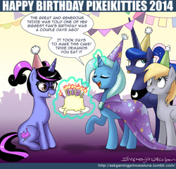 Size: 900x859 | Tagged: safe, artist:johnjoseco, derpy hooves, princess luna, trixie, oc, oc:pixelkitties, alicorn, pegasus, pony, ask gaming princess luna, birthday, birthday cake, cake, candle, eyeroll, female, glasses, mare, party, pixelkitties