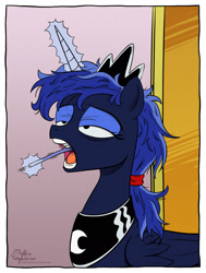 Size: 1430x1891 | Tagged: safe, artist:muffinexplosion, princess luna, alicorn, pony, alternate hairstyle, bathroom, bed mane, brushing teeth, magic, messy mane, morning ponies, solo, tired, toothbrush