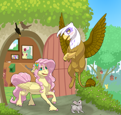 Size: 2000x1900 | Tagged: safe, artist:jackiebloom, derpibooru import, angel bunny, fluttershy, gentle breeze, gilda, posey shy, griffon, pegasus, pony, rabbit, apology, colored hooves, female, fluttershy's cottage, mare, unshorn fetlocks