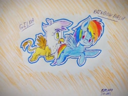 Size: 3128x2349 | Tagged: safe, artist:yellow-dancersarts, derpibooru import, gilda, rainbow dash, griffon, pegasus, pony, dialogue, duo, female, filly, filly rainbow dash, flying, traditional art, younger