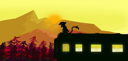 Size: 3677x1749 | Tagged: safe, artist:pzkratzer, derpibooru import, gilda, griffon, sad, silhouette, sunset, train