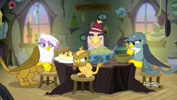 Size: 1920x1080 | Tagged: safe, derpibooru import, screencap, gabby, gilda, grampa gruff, griffon, the hearth's warming club, angry, blind eye, chickub, discovery family logo, eye scar, female, fez, griffon scone, grizzle, half blind, hat, male, scar, stool, tree stump