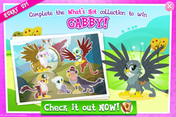 Size: 797x528 | Tagged: safe, derpibooru import, screencap, gabby, gilda, gimme moore, graff, grampa gruff, greta, li'l griffon, griffon, advertisement, collection, gameloft, official