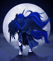 Size: 3500x4000 | Tagged: safe, artist:dalagar, princess luna, alicorn, pony, clothes, dress, female, mare, moon, one eye closed, solo