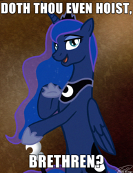 Size: 610x790 | Tagged: safe, princess luna, alicorn, pony, do you even lift, joseph ducreux, luna ducreux, meme, solo, ye olde butcherede englishe, ye olde english