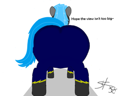 Size: 1151x893 | Tagged: safe, artist:official_dj_scr4tchk4t, oc, oc:saturn lightning, butt, clothes, costume, dialogue, large butt, offscreen character, pov, presenting, shadow, shadowbolts costume, tail aside, the ass was fat, watermark