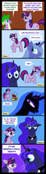 Size: 384x1458 | Tagged: safe, artist:haretrinity, nightmare moon, princess luna, spike, twilight sparkle, alicorn, dragon, pony, comic, lunar cycle, menstruation, nightmare luna, s1 luna, that time of the month, traditional royal canterlot voice