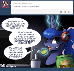 Size: 600x575 | Tagged: safe, artist:johnjoseco, princess luna, alicorn, pony, ask gaming princess luna, chips, comic, computer, diablo, diablo 3, drink, eating, gamer luna, headset, magic, potato chips, reaper of souls, solo, straw, titanfall, tumblr