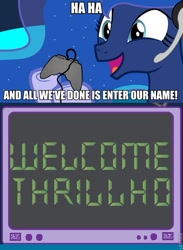 Size: 541x739 | Tagged: safe, princess luna, alicorn, pony, caption, exploitable meme, gamer luna, meme, milhouse van houten, obligatory pony, parody, solo, the simpsons, thrillhouse, tv meme