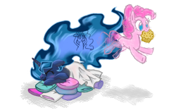 Size: 800x500 | Tagged: safe, artist:xilenobody143, pinkie pie, princess luna, alicorn, earth pony, pony, angry, blanket, blushing, cute, d:, dream, dream walker luna, eyes closed, floppy ears, frown, inception, jumping, mouth hold, muffin, nom, pillow, ponk, prone, scrunchy face, simple background, sleeping, smiling, stealing, transparent background, wat