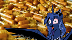 Size: 640x360 | Tagged: safe, idw, princess luna, alicorn, pony, adderall, bloodshot eyes, drugs, female, floppy ears, mare, open mouth, pills, smiling, solo, spread wings, tongue out, wide eyes, wing fluff, wings