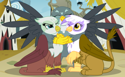 Size: 9828x6078 | Tagged: safe, artist:faitheverlasting, derpibooru import, gabby, gilda, greta, griffon, absurd resolution, cute, female, gabbybetes, gildadorable, griffon trio, griffonstone, group hug, hug, smiling, trio