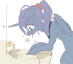 Size: 1280x1127 | Tagged: safe, artist:toki, princess luna, alicorn, pony, crying, drool, ponytail, sick, sink, solo