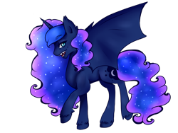 Size: 1024x768 | Tagged: safe, artist:saoiirse, princess luna, alicorn, bat pony, bat pony alicorn, pony, fangs, looking at you, lunabat, missing accessory, moonbat, open mouth, race swap, simple background, smiling, solo, spread wings, unshorn fetlocks