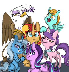 Size: 972x998 | Tagged: safe, artist:helloiamyourfriend, derpibooru import, gilda, lightning dust, starlight glimmer, sunset shimmer, suri polomare, trixie, pony, unicorn, alternate mane six, drawthread, group photo, mane six opening poses