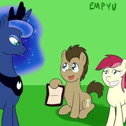 Size: 1000x1000 | Tagged: safe, artist:empyu, doctor whooves, princess luna, roseluck, alicorn, pony, crossover, doctor who, doctorrose, female, male, psychic paper, shipping, straight