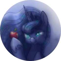 Size: 1628x1628 | Tagged: safe, artist:wolfiedrawie, princess luna, alicorn, pony, apple, partial background, puffy cheeks, solo