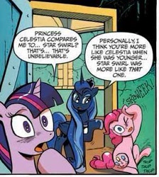 Size: 291x325 | Tagged: safe, artist:andypriceart, idw, pinkie pie, princess luna, star swirl the bearded, twilight sparkle, twilight sparkle (alicorn), alicorn, pony, spoiler:comic, spoiler:comic17, comic, female, harsher in hindsight, mare, wat, wtf