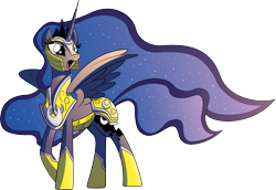 Size: 7001x4806 | Tagged: safe, artist:amy mebberson, artist:gimlas, idw, princess luna, alicorn, pony, spoiler:comic, spoiler:comic08, absurd resolution, armor, ethereal mane, female, helmet, mare, simple background, solo, starry mane, transparent background, vector, warrior luna