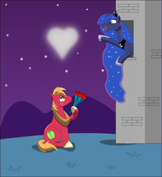 Size: 4583x5000 | Tagged: safe, artist:brunursus, big macintosh, princess luna, alicorn, earth pony, pony, absurd resolution, flower, heart, lunamac, male, rose, shipping, stallion, straight